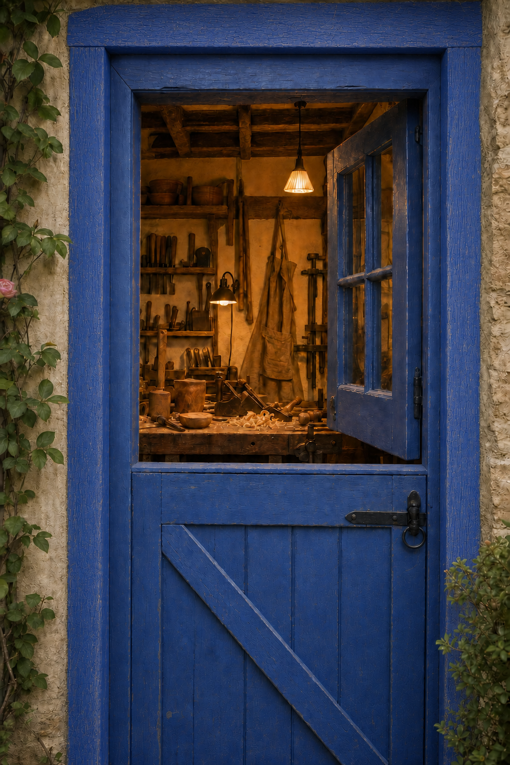 A warm old-world craftsman’s workshop glimpsed through a fully blue Dutch doorway