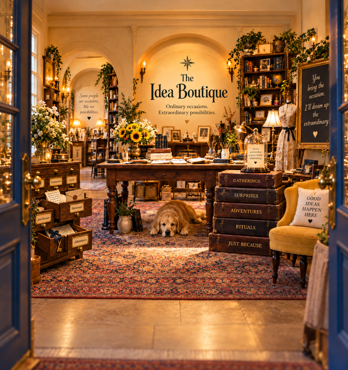 Inside the Idea Boutique: open idea drawers, an inviting desk, a glass dome on trunks, and a dog resting on the rug